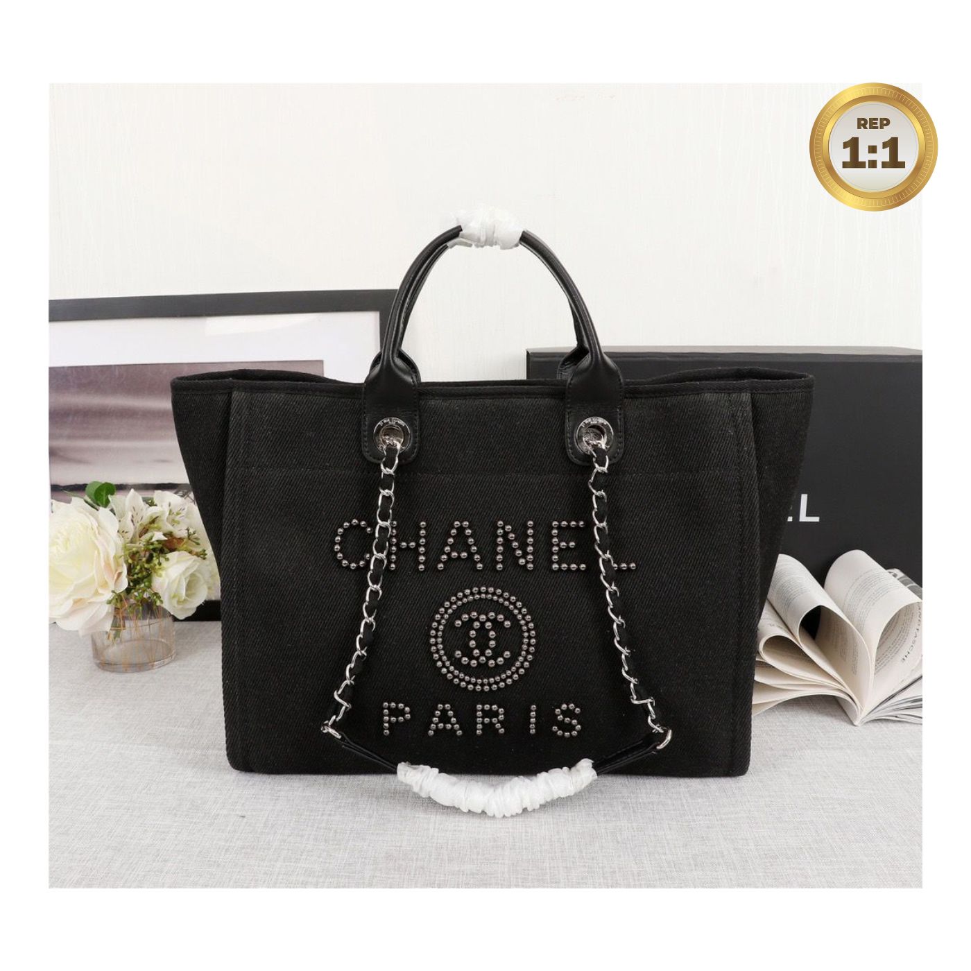 [REP 1:1] Chanel Large Deauville Pearl Tote Bag Black For Women 15in/38cm